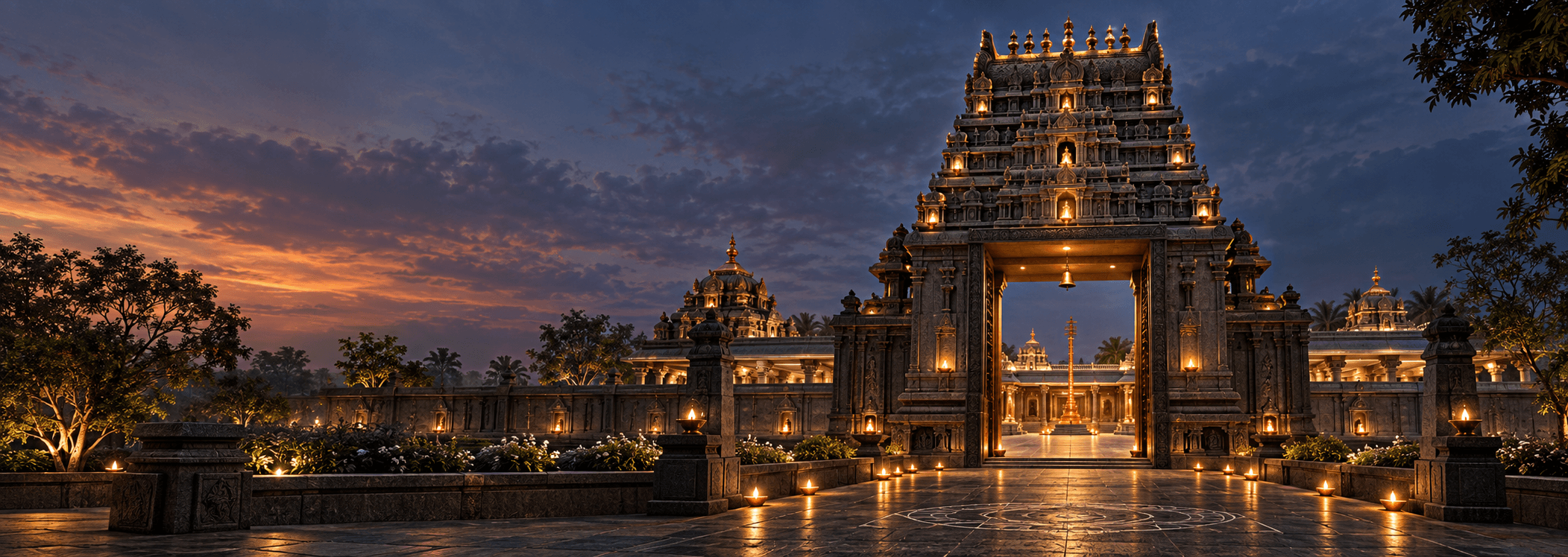 Conceptual architectural visualization of Sri Bhairavapuri at twilight