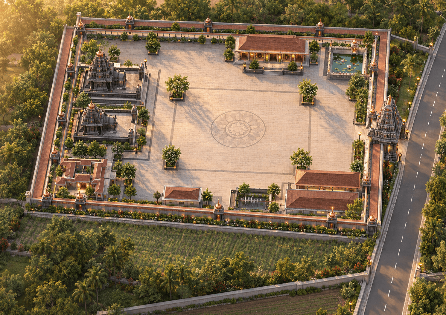 Conceptual aerial visualization of the proposed Sri Bhairavapuri temple campus
